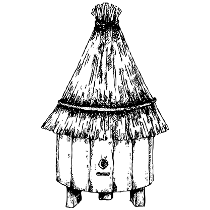 Ink illustration of a traditional straw-roofed beehive