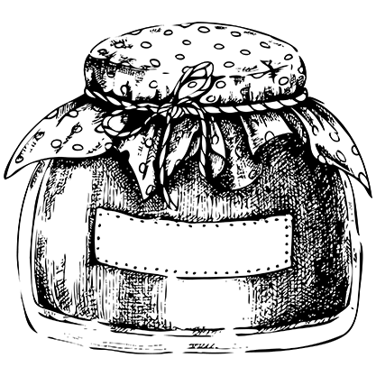 Ink illustration of a honey jar with a cloth cover tied at the neck