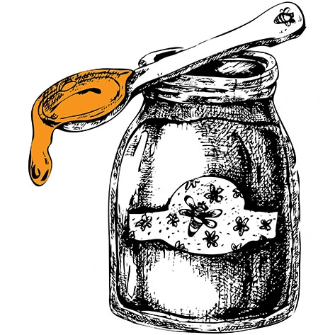 Ink illustration of a honey jar with a laden dipper resting across it